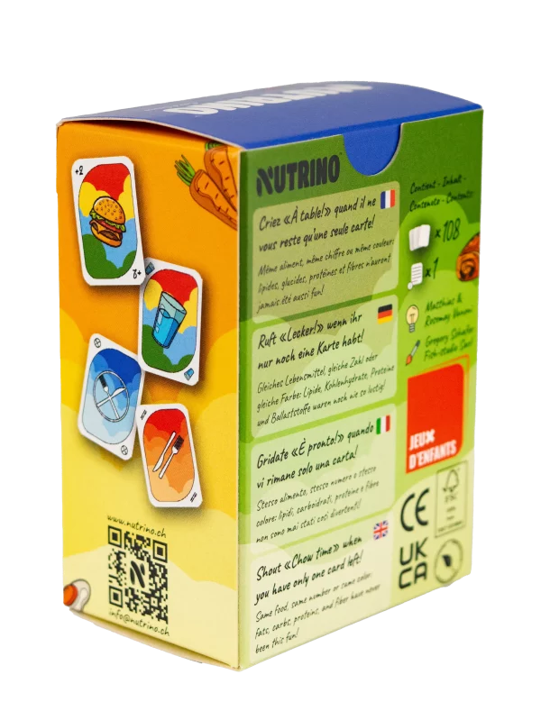 Boîte du jeu de cartes Nutrino pour apprendre la nutrition