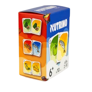 Boîte complète du jeu NutriNo avec cartes visibles : avocats, poissons, maïs, fromage - jeu éducatif 6+ pour 2-10 joueurs sur la nutrition