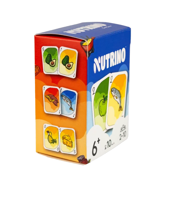 Boîte complète du jeu NutriNo avec cartes visibles : avocats, poissons, maïs, fromage - jeu éducatif 6+ pour 2-10 joueurs sur la nutrition