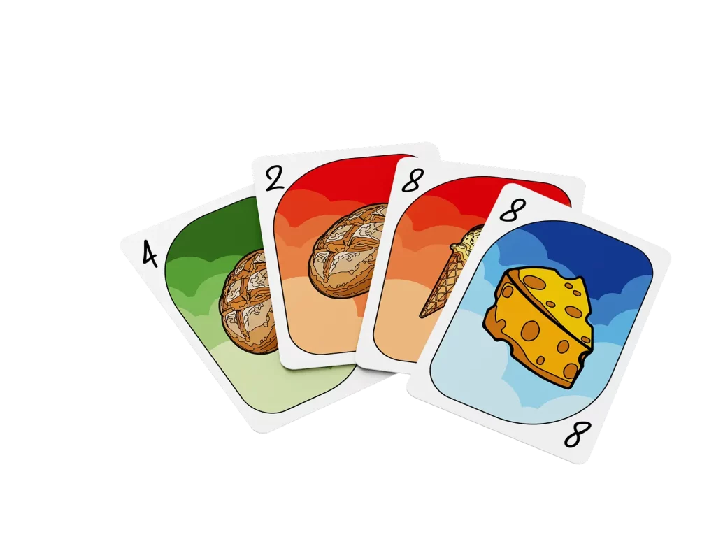 Cartes Nutrino en éventail : pain glucides, pain lipides, fromage protéines - jeu éducatif sur les macronutriments