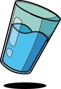 Illustration de verre d'eau du jeu éducatif Nutrino montrant un verre transparent rempli d'eau claire avec quelques glaçons flottants,