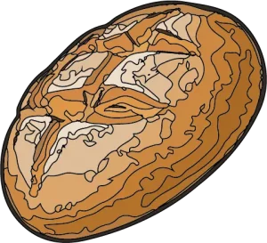 Pain du jeu Nutrino montrant une miche artisanale avec sa croûte dorée et sa mie aux alvéoles irrégulières - aliment de base riche en glucides pour l'apprentissage nutritionnel Alternative versions