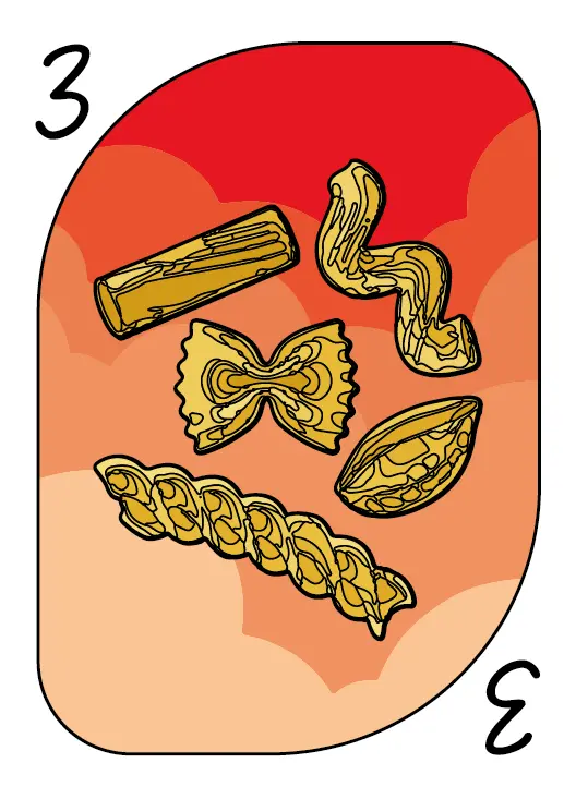 Carte numéro 3 du jeu Nutrino présentant diverses pâtes alimentaires dorées sur fond rouge-orange - aliments riches en glucides pour l'apprentissage nutritionnel