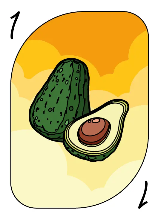 Carte numéro 1 du jeu Nutrino montrant un avocat entier et une moitié d'avocat avec son noyau sur fond dégradé jaune-orange - aliment riche en lipides pour l'apprentissage nutritionnel