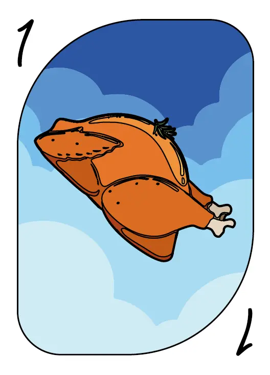 Carte numéro 1 du jeu Nutrino montrant un poulet rôti doré sur fond de nuages bleus - aliment riche en protéines pour l'apprentissage nutritionnel